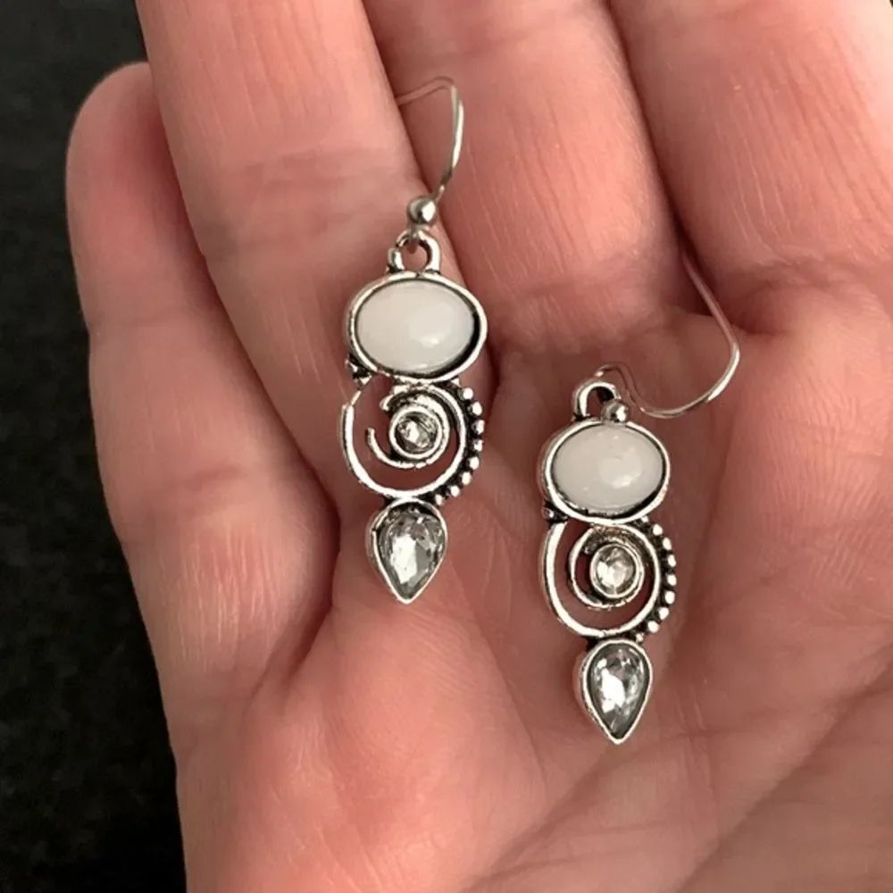 Antique Silver Tone Faux Opal Dangle Drop Earrings